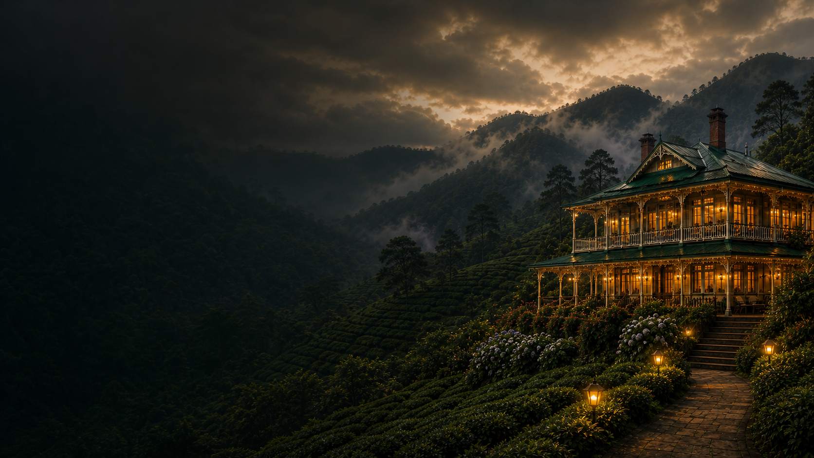 Lit bungalow in the misty hills at dusk