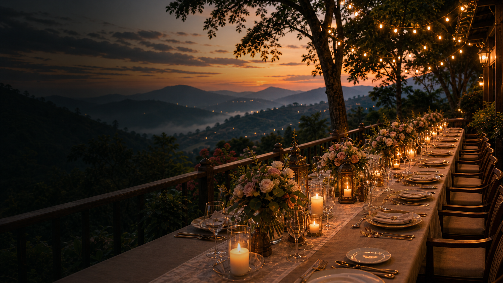 Elegant catering table with flowers and candles in the hills