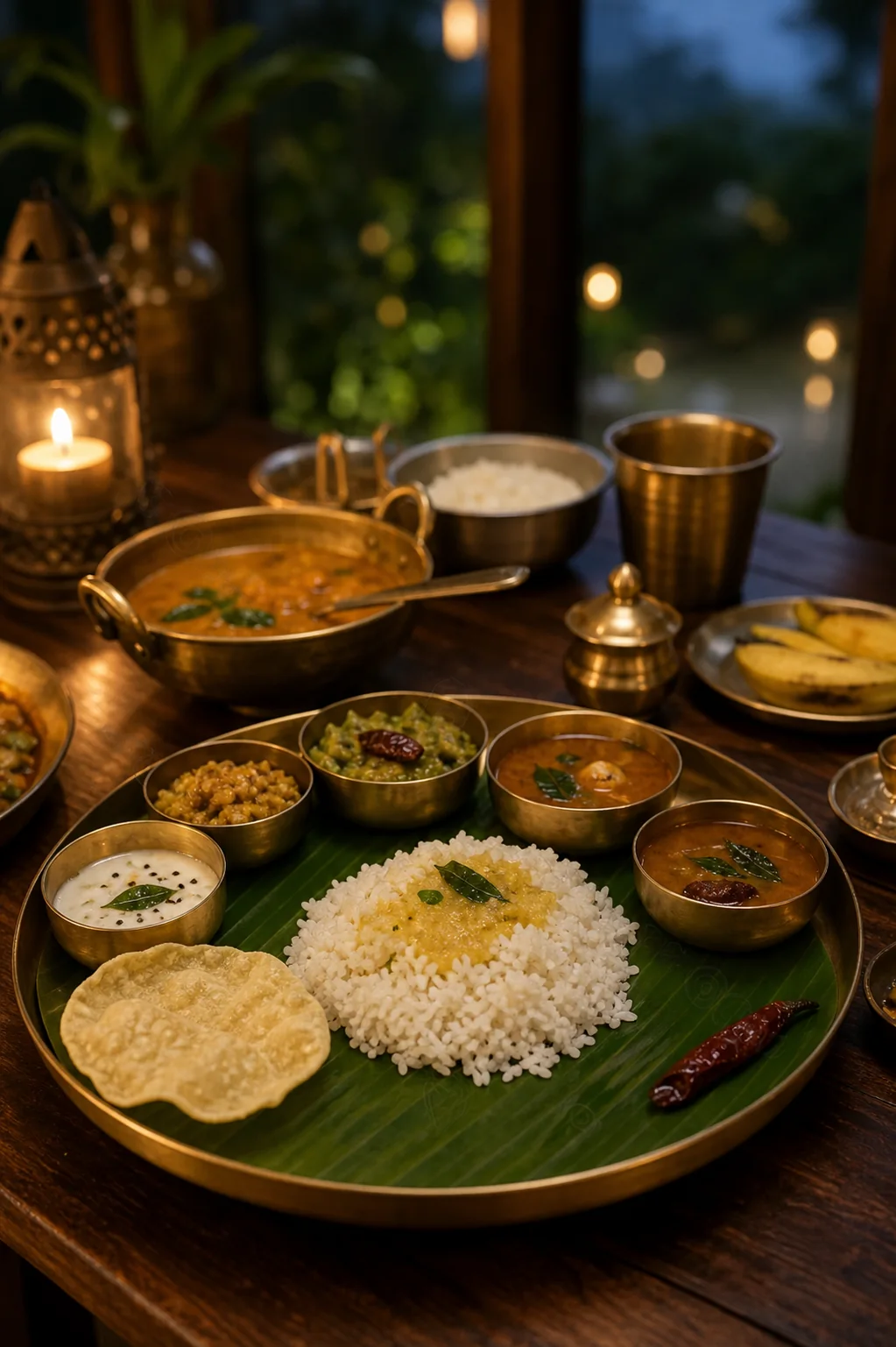 Local South Indian meal served in brass bowls