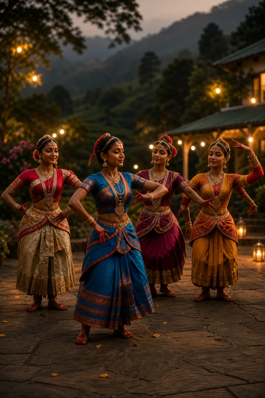 Classical dancers performing outdoors near the hills