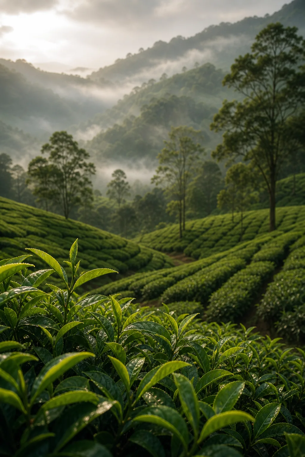 Tea leaves and misty plantations