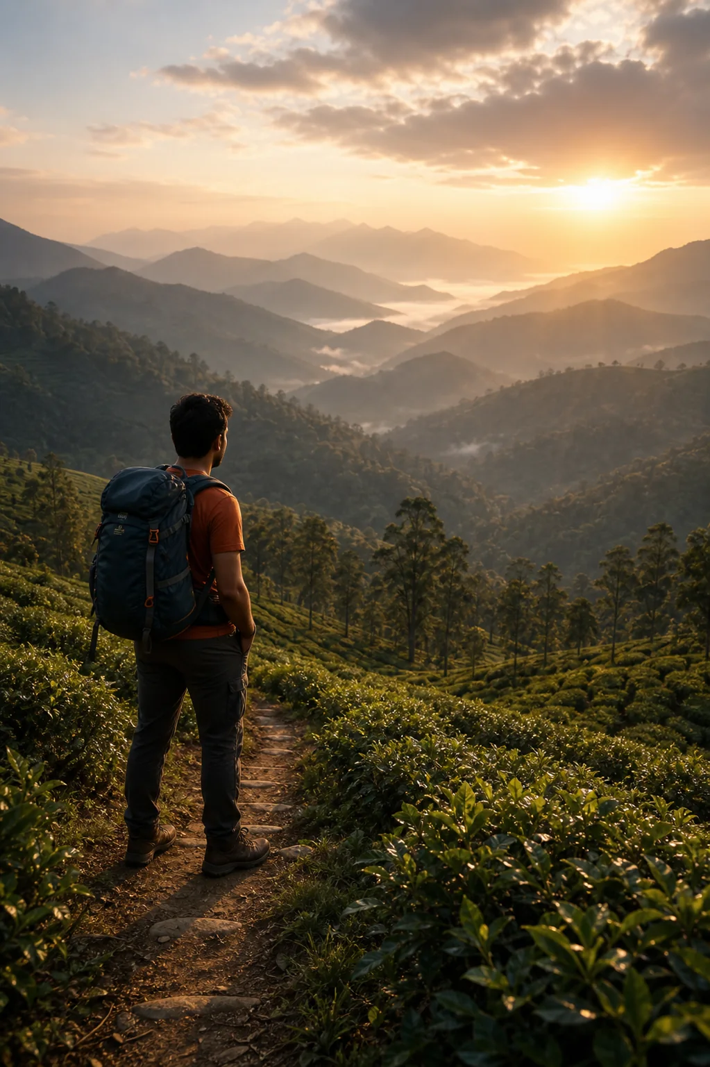 Traveler trekking through tea hills at sunrise