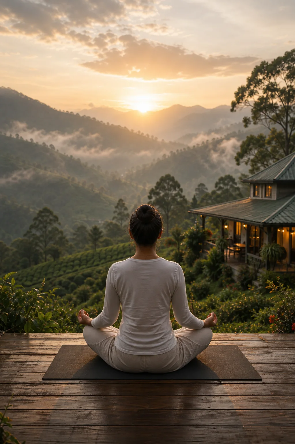 Yoga at sunrise overlooking green valleys