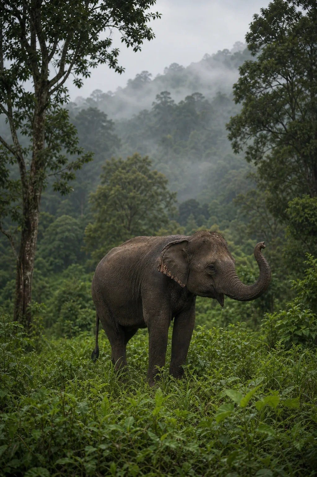 Asian elephant in a green hill forest